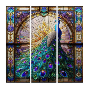Peacock Stained Glass Design Triptych Wall Art