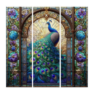 Peacock Stained Glass Design Triptych Wall Art