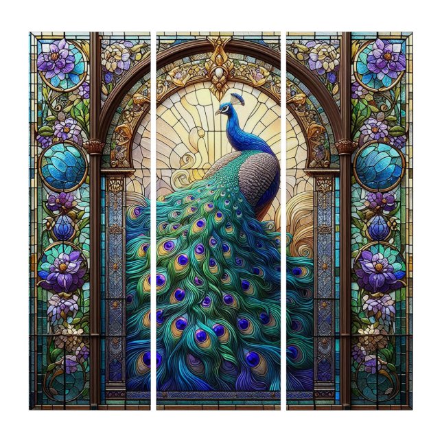 Peacock Stained Glass Design Triptych Wall Art (Front)