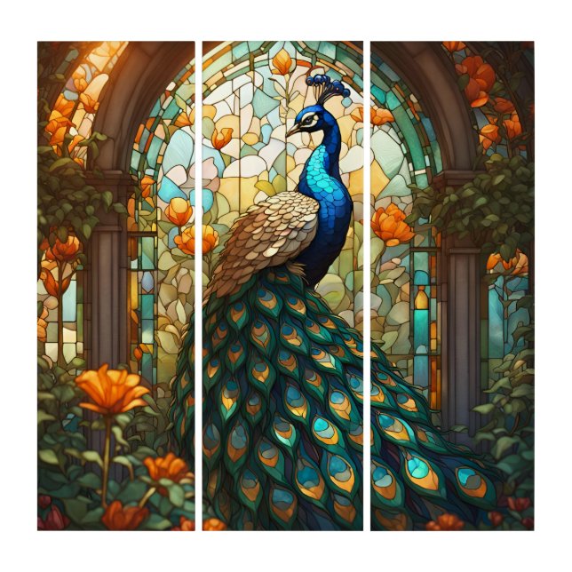 Peacock Stained Glass Design Triptych Wall Art (Front)