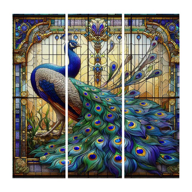 Peacock Stained Glass Design Triptych Wall Art (Front)