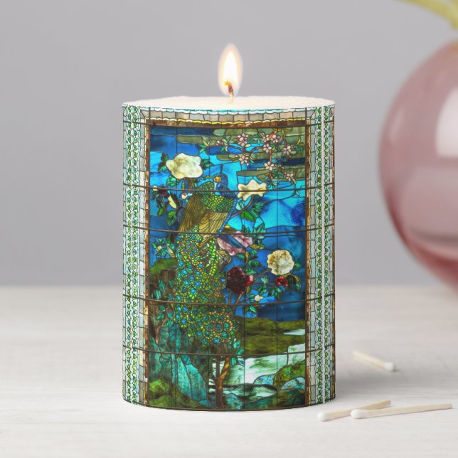 Peacock stained glass window pillar candle (In Situ)