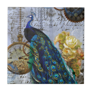 Peacock Steampunk Yellow Rose Clock Gears Tile