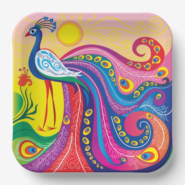 Peacock Sunrise Paper Plates (Front)