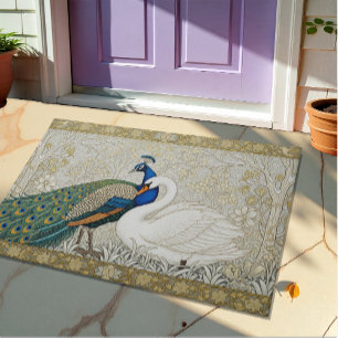Peacock & Swan Art Nuovo Winter FR / Gold Floral Doormat