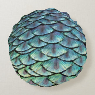 Peacock Tail Feathers Round Pillow
