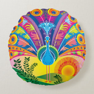 Peacock Tail Radiance Round Pillow