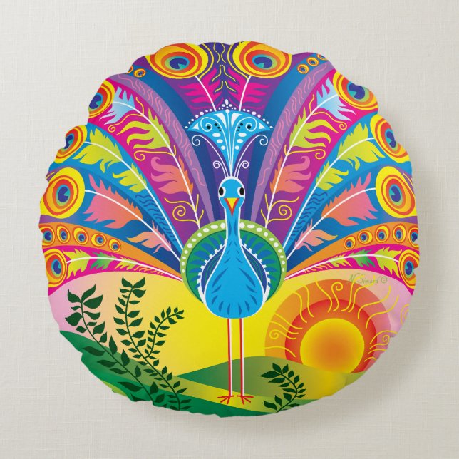 Peacock Tail Round Pillow (Front)