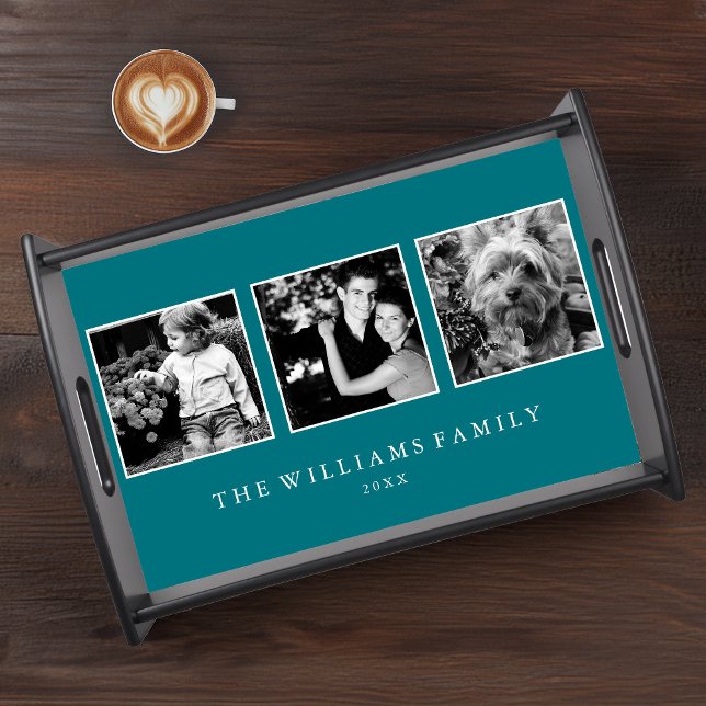 Peacock Teal 3-Photo Family Collage Personalized Serving Tray (Creator Uploaded)