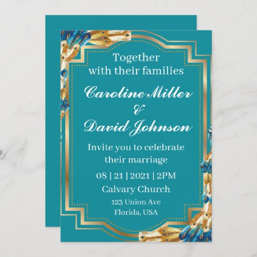 Peacock teal and gold wedding invitation