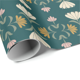 Peacock Teal and Ocher Folk Art Nouveau Floral Wrapping Paper
