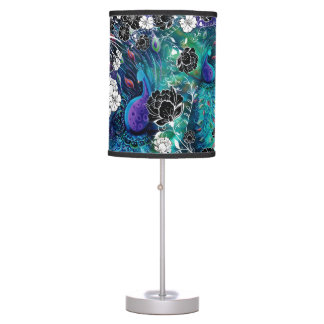 Peacock Teal, Black and White Flowers Table Lamp