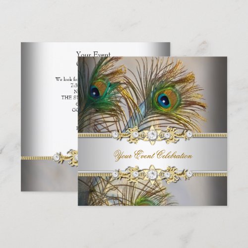 Peacock Teal Blue Gold Elegant Party Announcements