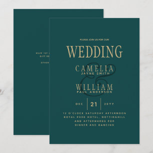 Peacock TEAL Green Gold Monochrome Wedding Invitat Invitation