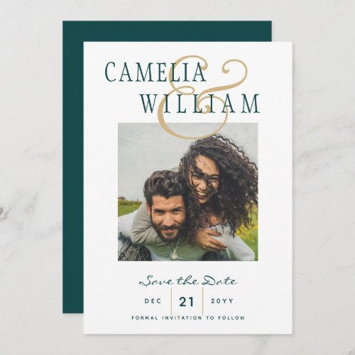 Peacock Teal Green Gold PHOTO Save the Date Invitation