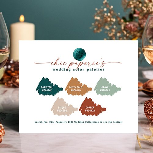 Peacock Teal Green Gold Wedding Color Palette Card