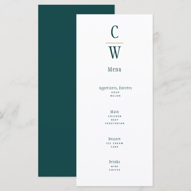 Peacock Teal Green Gold Wedding Monogrammed Menu (Front/Back)