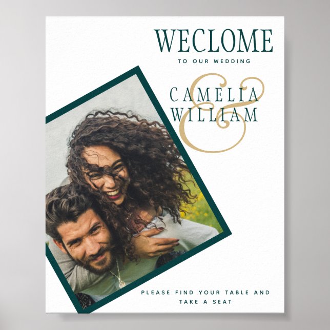 Peacock TEAL Green Gold Wedding PHOTO Welcome SIGN (Front)