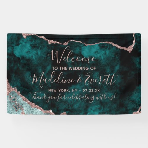 Peacock Teal Green Marble Agate Wedding Welcome Banner