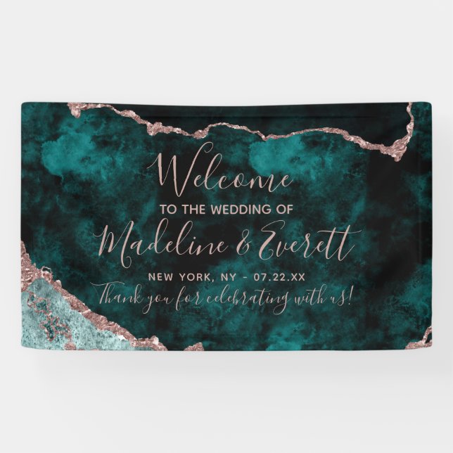 Peacock Teal Green Marble Agate Wedding Welcome Banner (Horizontal)