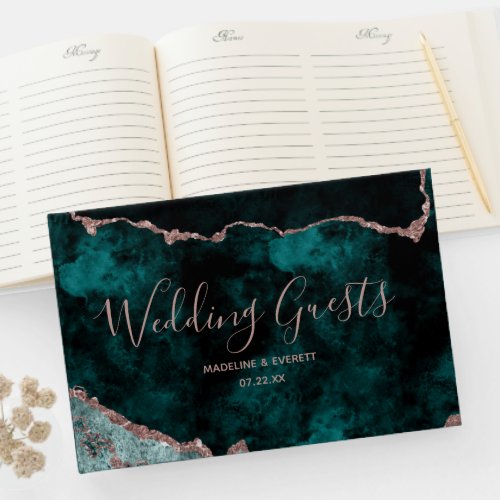 Peacock Teal Green Rose Gold Agate Marble Wedding Guest Book