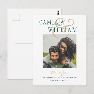 Peacock Teal Green Wedding PHOTO Thank You Postcard