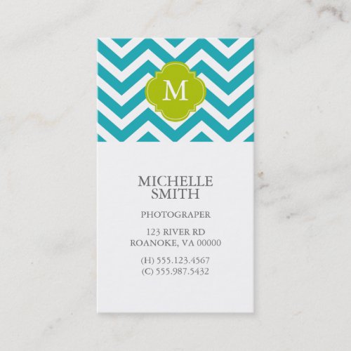 Peacock Teal &amp; Green Zigzags Pattern Monogram Business Card Template