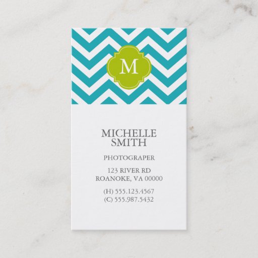 Customizable Peacock Teal &amp; Green Zigzags Pattern Monogram Business Card Template