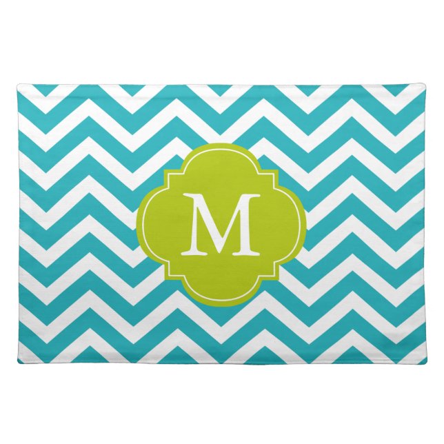 Peacock Teal & Green Zigzags Pattern Monogram Placemat (Front)