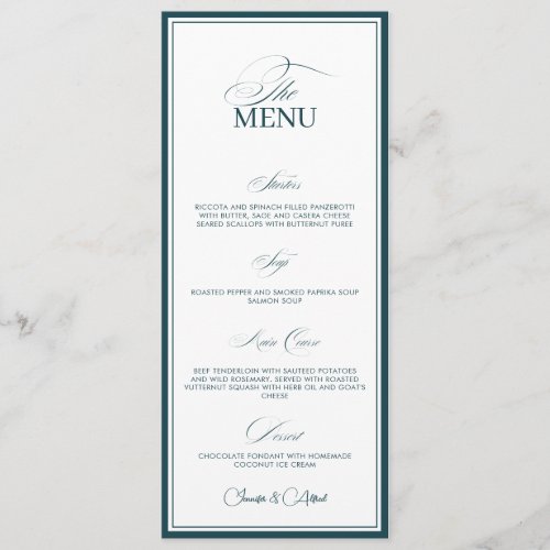Peacock Teal Old Money Wedding Dinner Menu Card