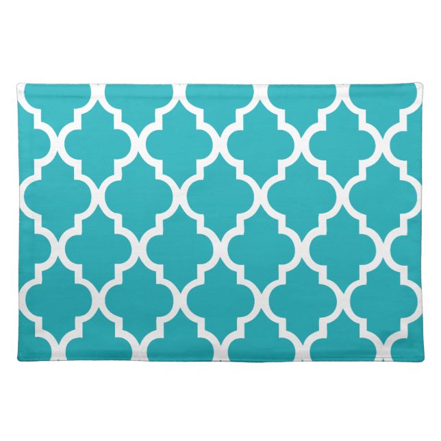 Peacock Teal Quatrefoil Tiles Pattern Cloth Placemat (Front)
