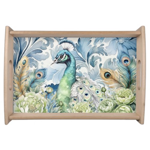 Peacock Teal  Sage Feathers Floral Damask Serving Tray