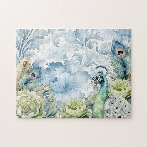 Peacock Teal  Sage Feathers Floral Jigsaw Puzzle