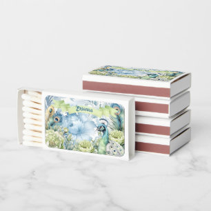 Peacock Teal & Sage Feathers Floral Personalized Matchboxes