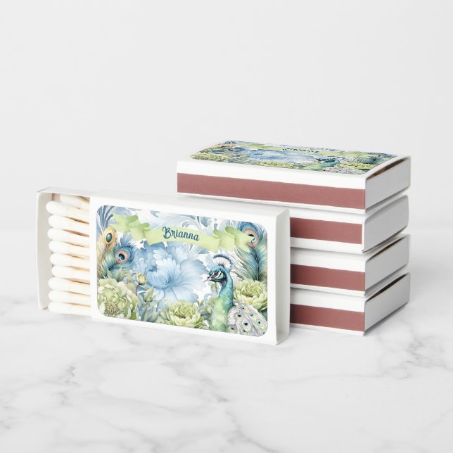 Peacock Teal & Sage Feathers Floral Personalized  Matchboxes (Stacked)