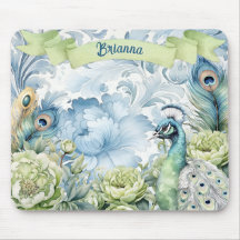 Peacock Teal & Sage Feathers Floral Personalized