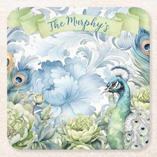Peacock Teal  Sage Feathers Floral Personalized  Square Paper Coaster