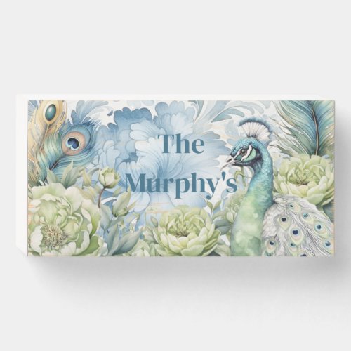 Peacock Teal  Sage Feathers Floral Personalized  Wooden Box Sign