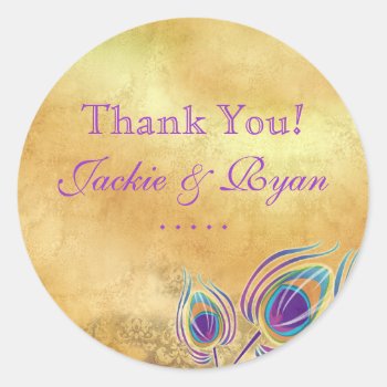 Peacock Thank You Stickers Vintage Gold Purple by WeddingShop88 at Zazzle