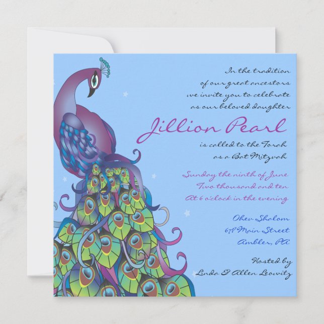 Peacock Theme Bat Mitzvah Invitation Invite blue (Front)