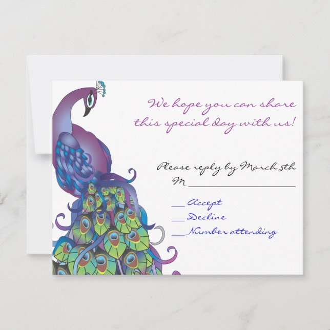 Peacock Theme Bat Mitzvah Reply card Invite Blue (Front)