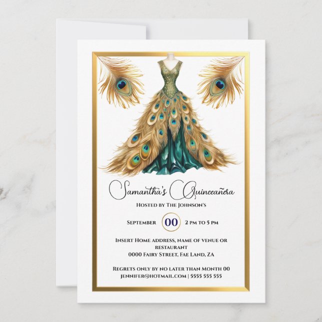 Peacock theme Quinceañera ball gown gold green Invitation (Front)