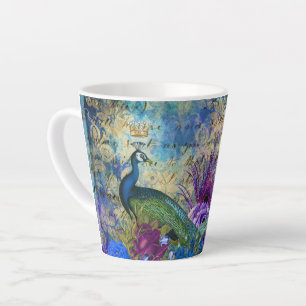 Peacock Trendy Blue Bird Feathers Flowers Latte Mug