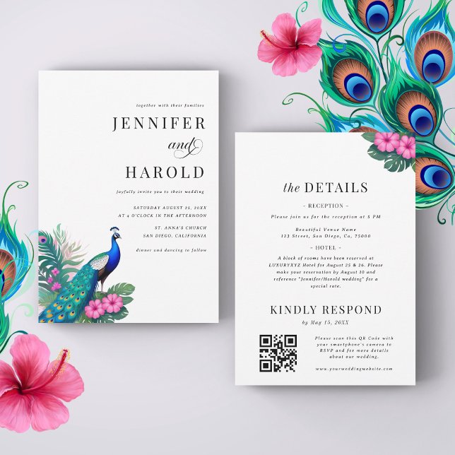 Peacock Tropical Floral QR Code All in One Wedding Invitation (Creator Uploaded)