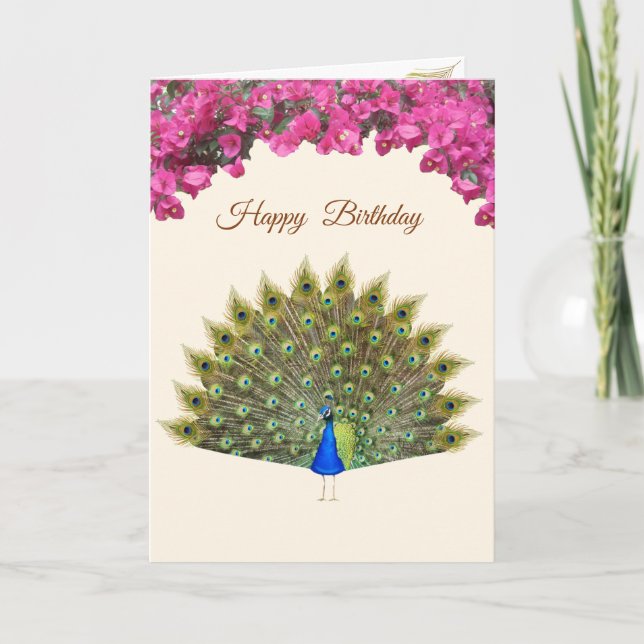 Peacock & Tropical Flowers on Ivory Birthday Note Card (Front)
