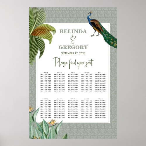 Peacock Tropical Greenery Wedding Seating Chart