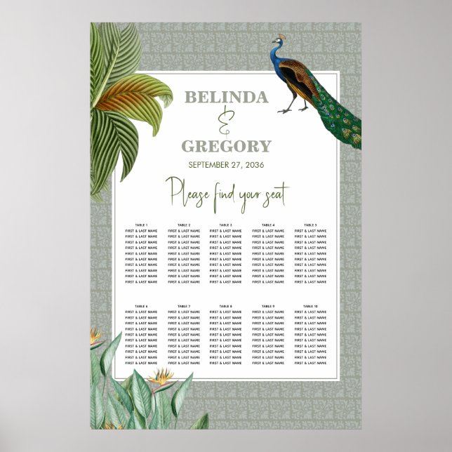 Peacock Tropical Greenery Wedding Seating Chart (Front)