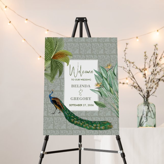 Peacock Tropical Greenery Wedding Welcome Sign (In Situ (Stand))