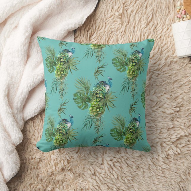 Peacock & Tropical Leaves Pattern Throw Pillow (Blanket)