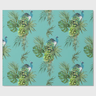 Peacock & Tropical Leaves Pattern Wrapping Paper